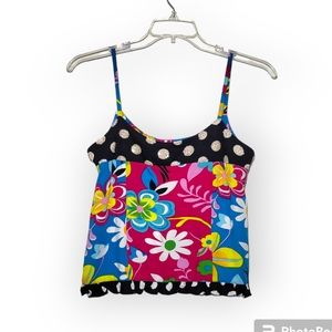 Vanity Vintage Colorful Floral Sequin Cropped Tank Top Small